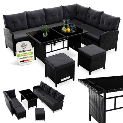 Juskys Gartenlounge Polyrattan Grau, Ecksofa mit Tisch & 2 Hockern, Gartenmöbel Set für 7 Personen, wetterfest