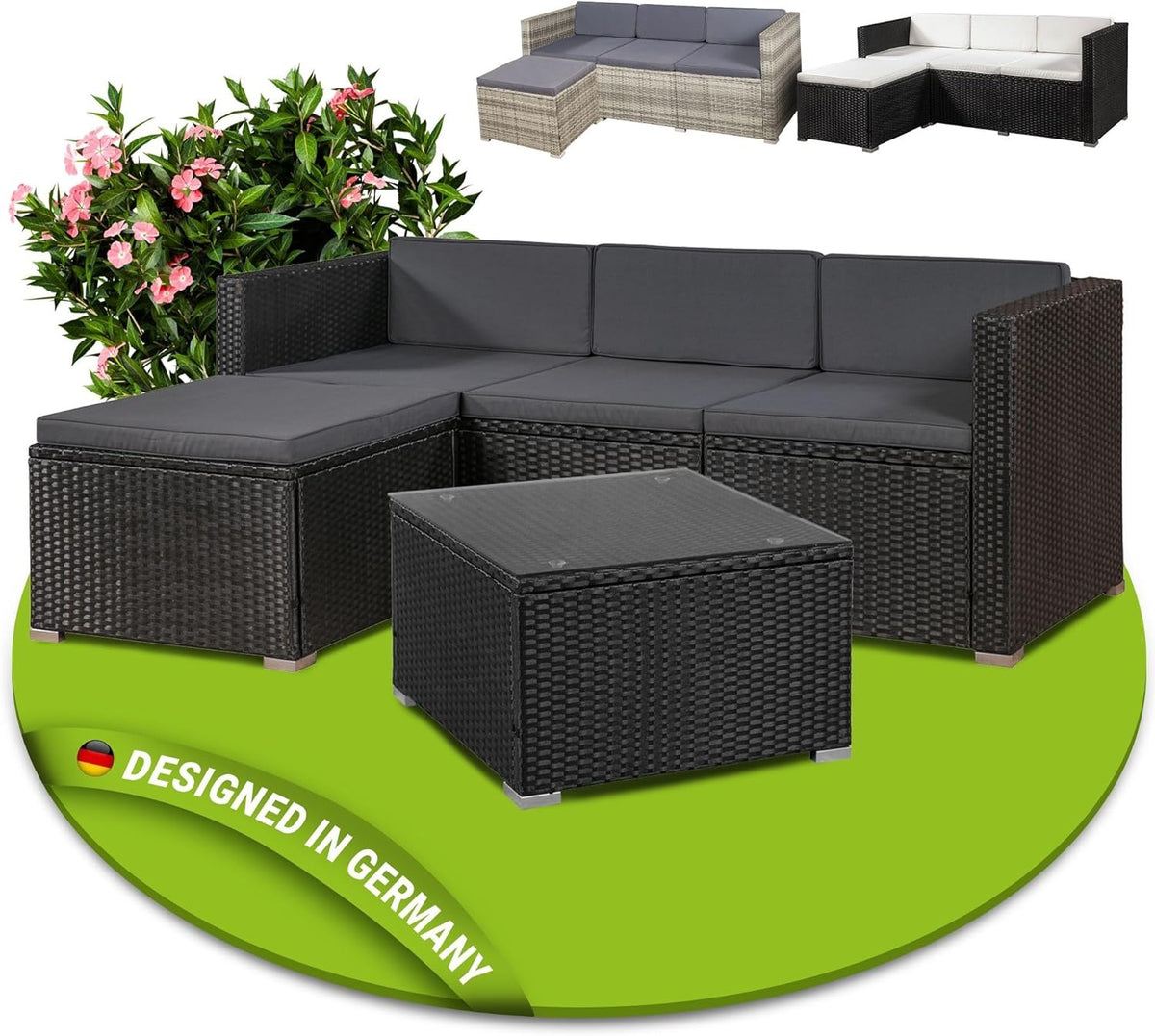 Juskys Polyrattan Lounge Set Punta Cana für 3–4 Personen – Gartenmöbel Set mit Sofa, Hocker, Tisch & Kissen – Schwarz / Beige