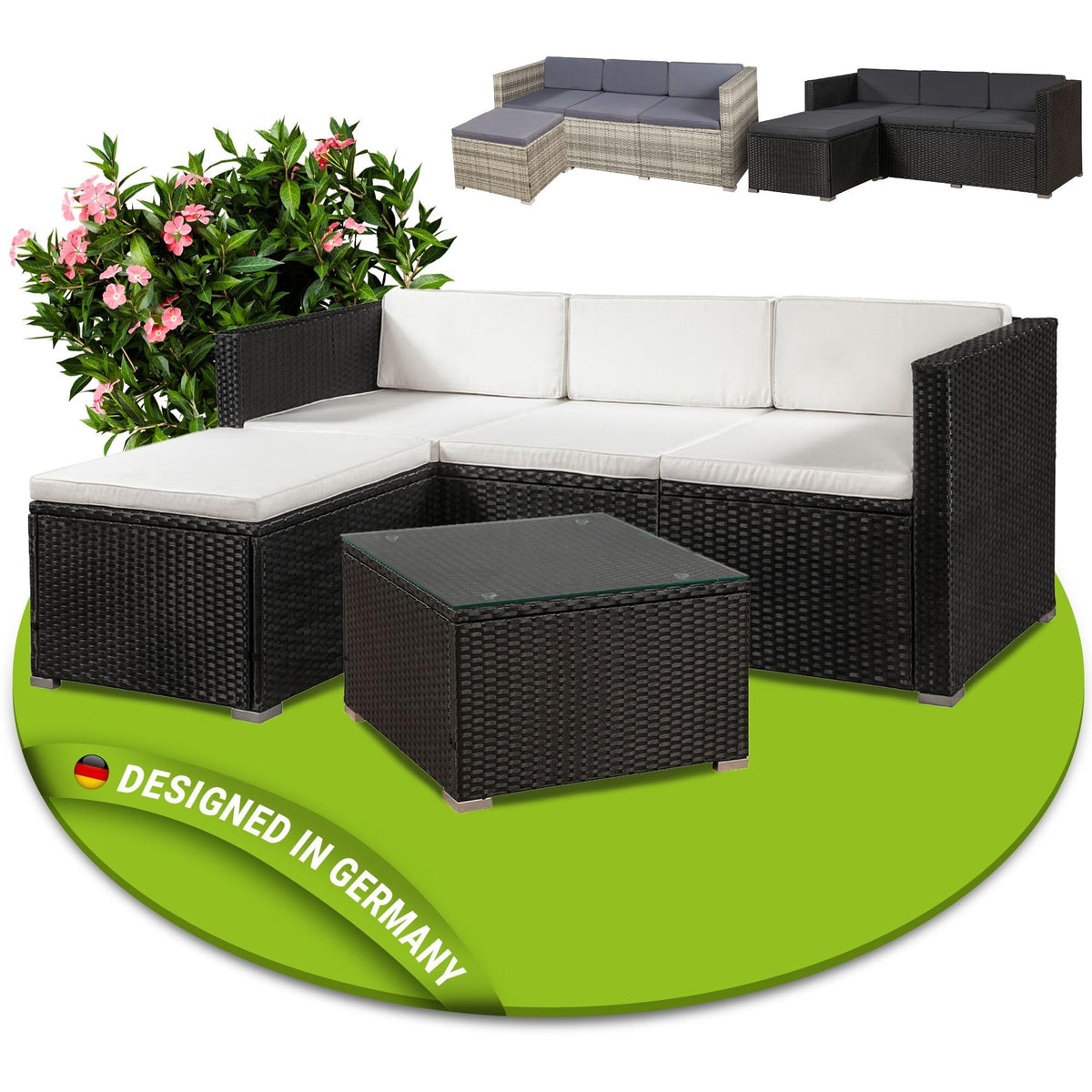Juskys Polyrattan Lounge Set Punta Cana für 3–4 Personen – Gartenmöbel Set mit Sofa, Hocker, Tisch & Kissen – Grau-meliert / Dunkelgrau