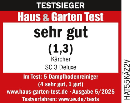 Kärcher Dampfreiniger SC 3 Deluxe, Dampfdruck: 3,5 bar, Aufheizzeit: 30 s, Leistung: 1.900 W, Flächenleistung: 75 m², Tank: 1 l, mit Bodenreinigungsset, Mikrofaser-Bezug, Düsen und Rundbürste, Weiß