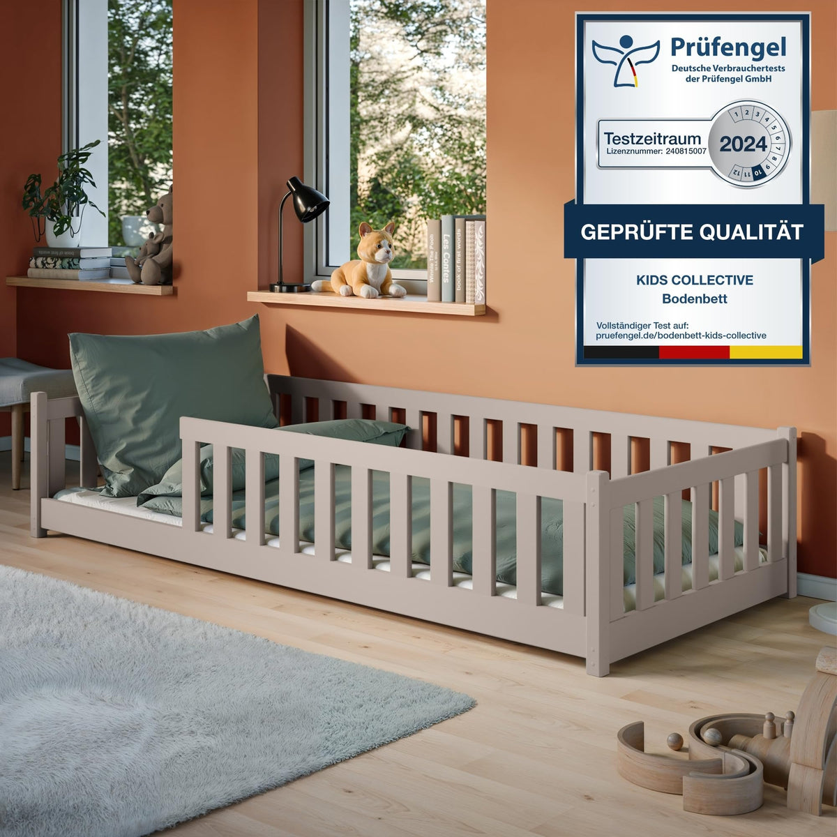 Kids Collective Kinderbett Bodenbett 120x200 cm Bett mit Rausfallschutz & Lattenrost Montessori Bett Bed Gitterbett Kinder Jugendbett Einzelbett | Natur Kiefer Holz massiv Junge Mädchen – 140x200 cm + Matratze, Olivgrün