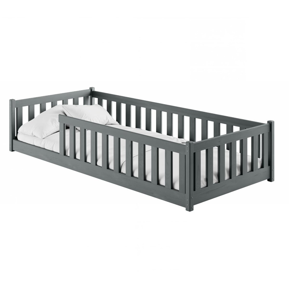 Kids Collective Kinderbett Bodenbett 120x200 cm Bett mit Rausfallschutz & Lattenrost Montessori Bett Bed Gitterbett Kinder Jugendbett Einzelbett | Natur Kiefer Holz massiv Junge Mädchen – 120x200 cm + Matratze, Weiß