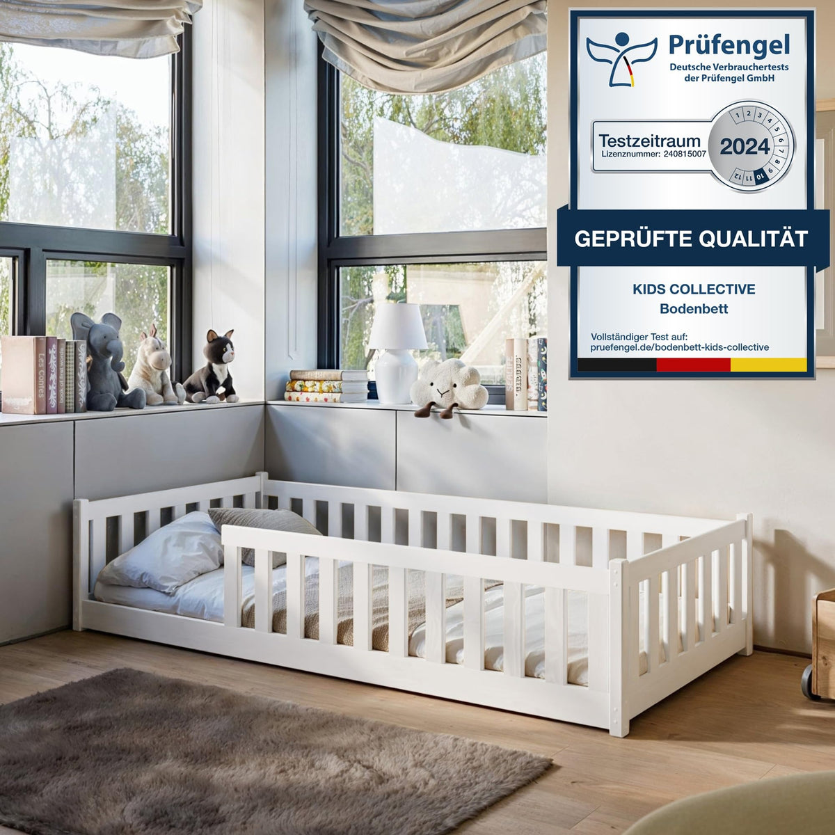 Kids Collective Kinderbett Bodenbett 120x200 cm Bett mit Rausfallschutz & Lattenrost Montessori Bett Bed Gitterbett Kinder Jugendbett Einzelbett | Natur Kiefer Holz massiv Junge Mädchen – 90x200 cm + Matratze, Zimt
