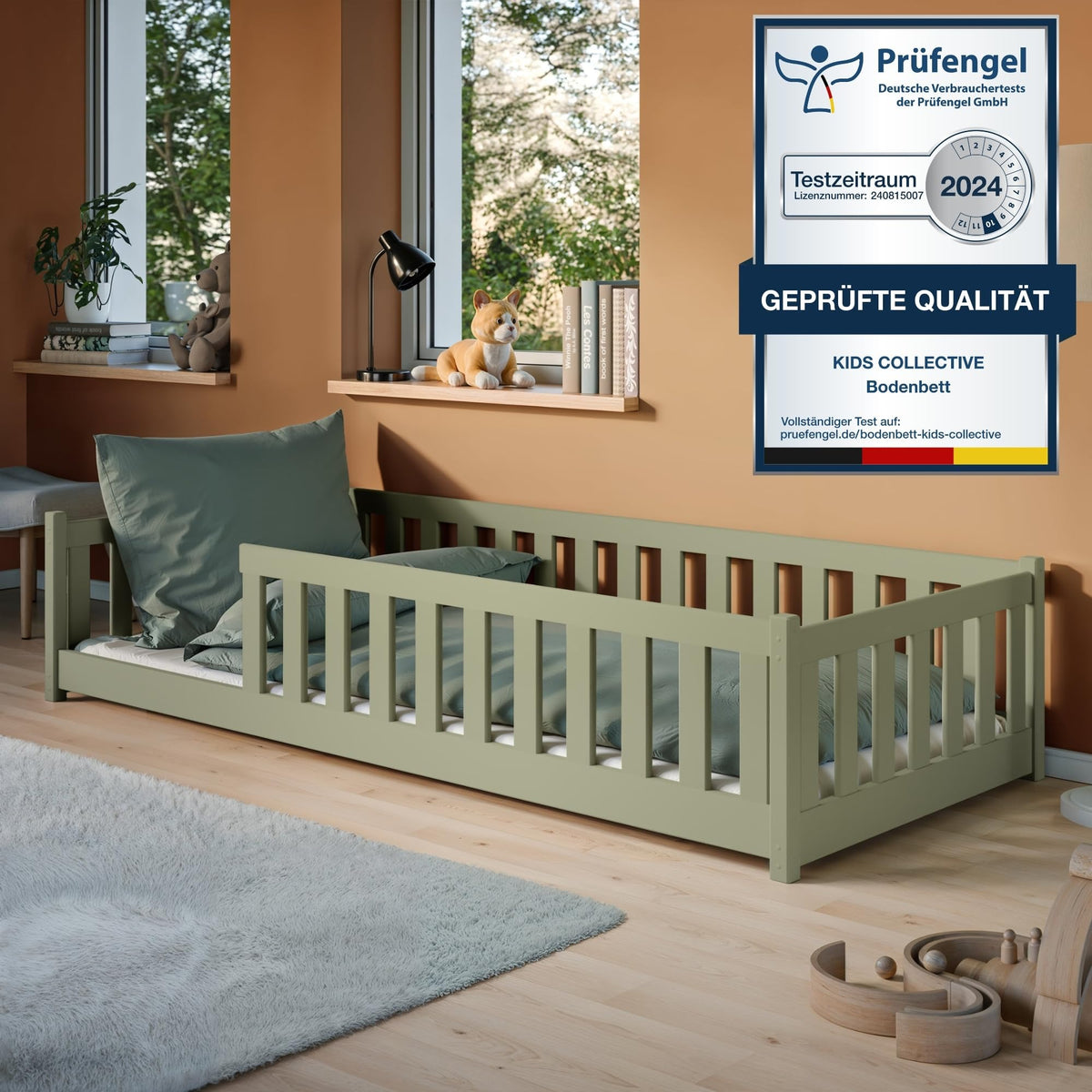 Kids Collective Kinderbett Bodenbett 120x200 cm Bett mit Rausfallschutz & Lattenrost Montessori Bett Bed Gitterbett Kinder Jugendbett Einzelbett | Natur Kiefer Holz massiv Junge Mädchen – 90x200 cm + Matratze, Graphit