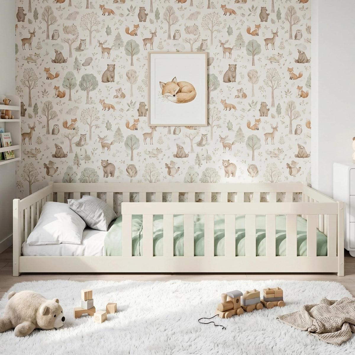 Kids Collective Kinderbett Bodenbett 120x200 cm Bett mit Rausfallschutz & Lattenrost Montessori Bett Bed Gitterbett Kinder Jugendbett Einzelbett | Natur Kiefer Holz massiv Junge Mädchen – 90x190 cm + Matratze, Milchschokolade