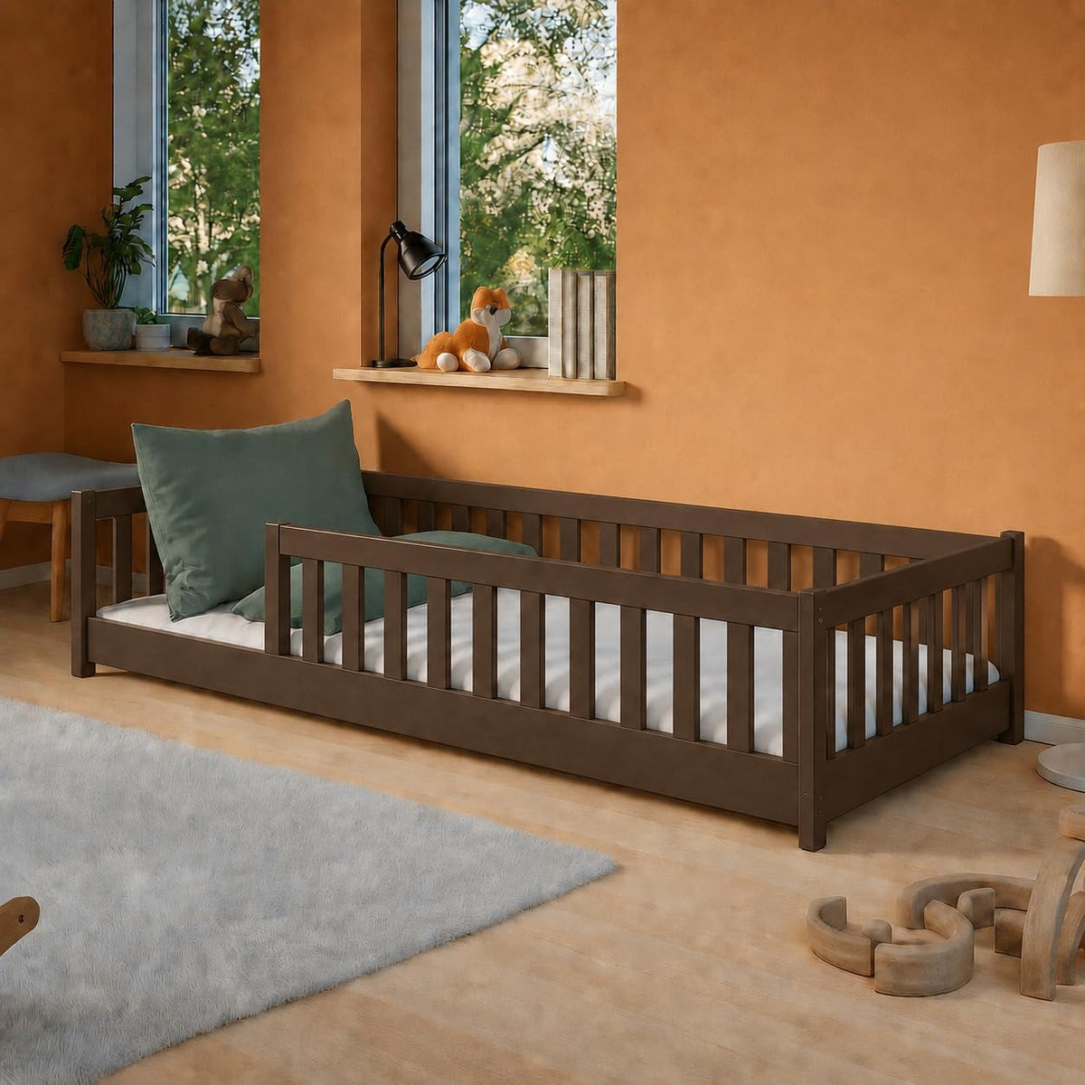 Kids Collective Kinderbett Bodenbett 120x200 cm Bett mit Rausfallschutz & Lattenrost Montessori Bett Bed Gitterbett Kinder Jugendbett Einzelbett | Natur Kiefer Holz massiv Junge Mädchen – 80x180 cm + Matratze, Zimt