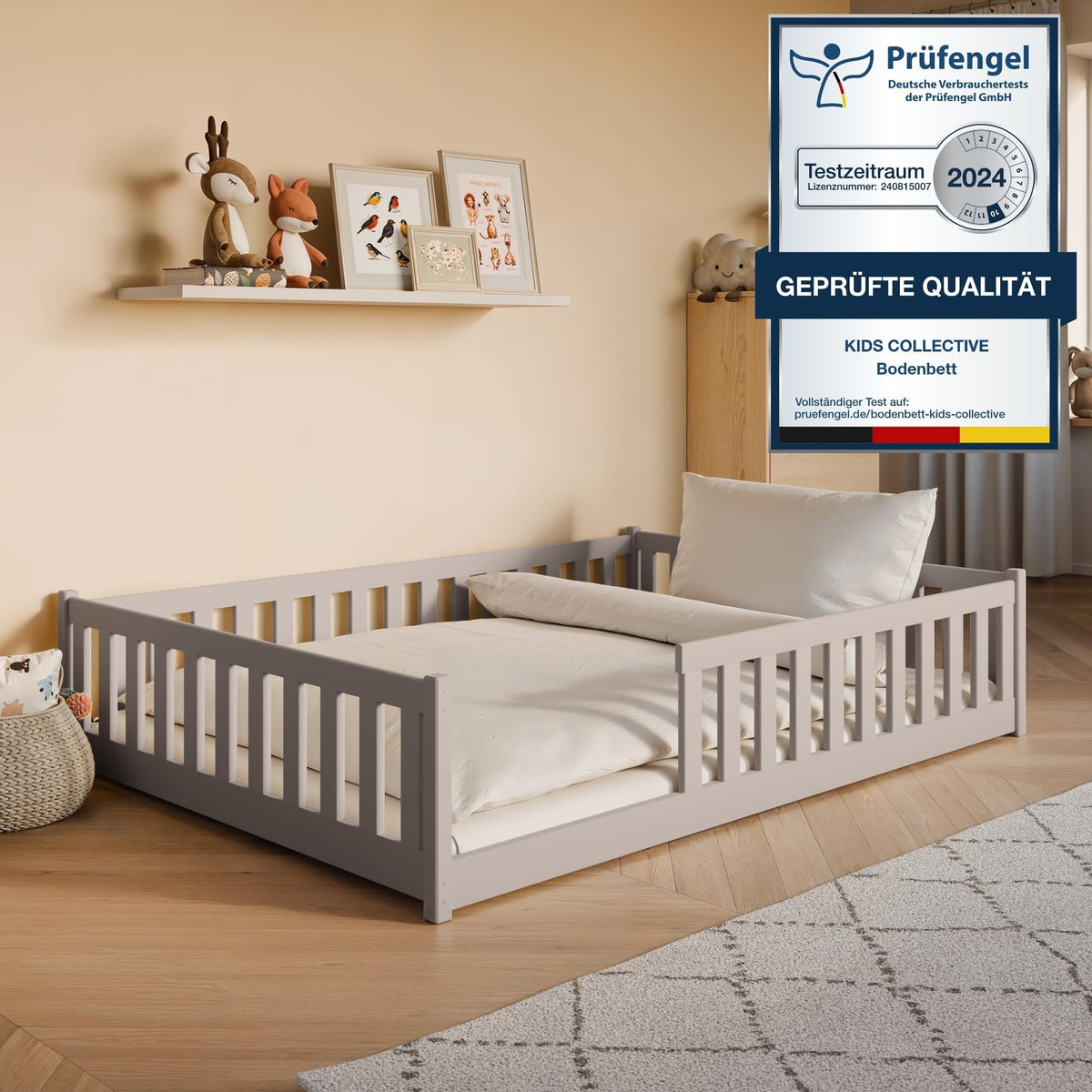 Kids Collective Kinderbett Bodenbett 120x200 cm Bett mit Rausfallschutz & Lattenrost Montessori Bett Bed Gitterbett Kinder Jugendbett Einzelbett | Natur Kiefer Holz massiv Junge Mädchen – 90x190 cm + Matratze, Graphit
