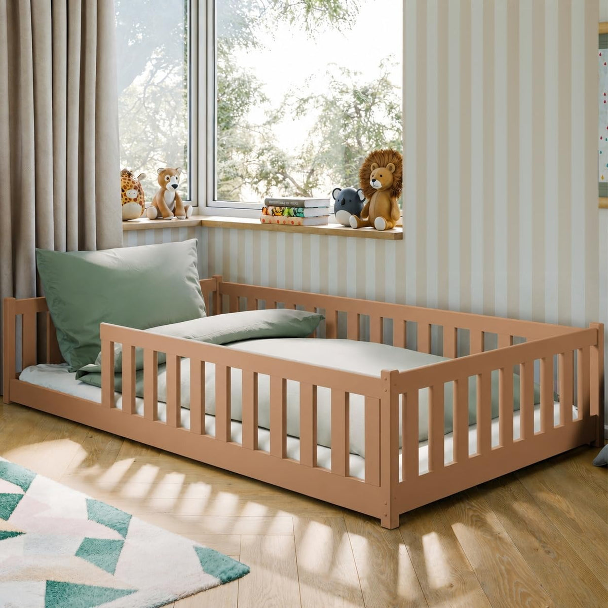 Kids Collective Kinderbett Bodenbett 120x200 cm Bett mit Rausfallschutz & Lattenrost Montessori Bett Bed Gitterbett Kinder Jugendbett Einzelbett | Natur Kiefer Holz massiv Junge Mädchen – 80x180 cm + Matratze, Baumwolle