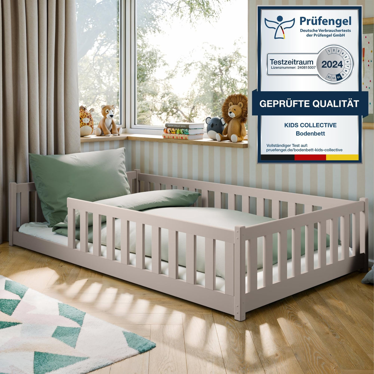 Kids Collective Kinderbett Bodenbett 120x200 cm Bett mit Rausfallschutz & Lattenrost Montessori Bett Bed Gitterbett Kinder Jugendbett Einzelbett | Natur Kiefer Holz massiv Junge Mädchen – 140x200 cm ohne Matratze, Graphit