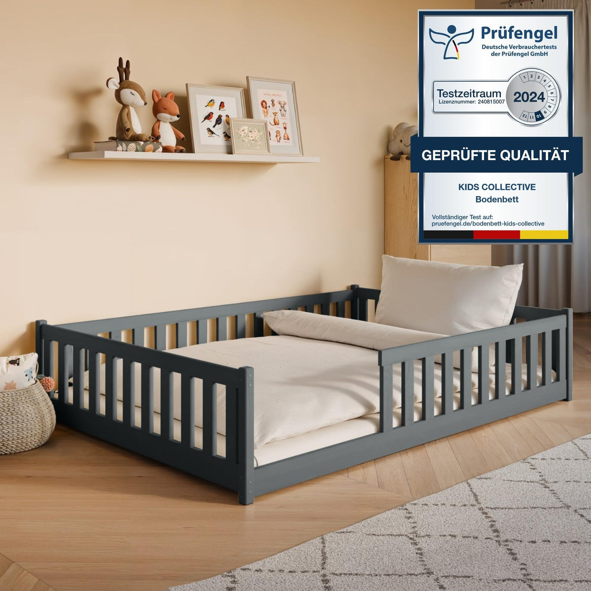 Kids Collective Kinderbett Bodenbett 120x200 cm Bett mit Rausfallschutz & Lattenrost Montessori Bett Bed Gitterbett Kinder Jugendbett Einzelbett | Natur Kiefer Holz massiv Junge Mädchen – 140x200 cm ohne Matratze, Kaschmir