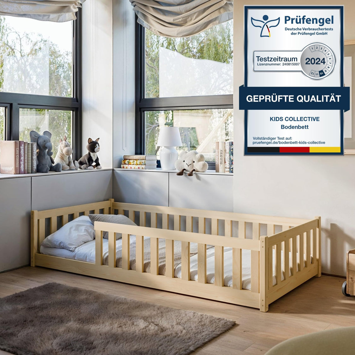 Kids Collective Kinderbett Bodenbett 120x200 cm Bett mit Rausfallschutz & Lattenrost Montessori Bett Bed Gitterbett Kinder Jugendbett Einzelbett | Natur Kiefer Holz massiv Junge Mädchen – 120x200 cm ohne Matratze, Kaschmir
