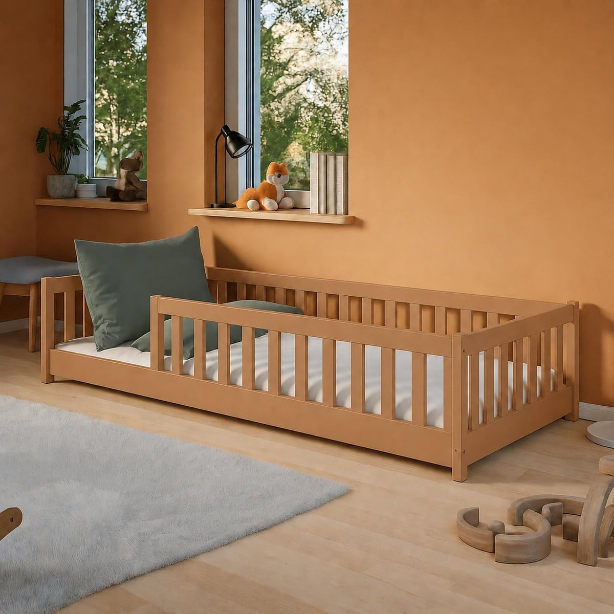 Kids Collective Kinderbett Bodenbett 120x200 cm Bett mit Rausfallschutz & Lattenrost Montessori Bett Bed Gitterbett Kinder Jugendbett Einzelbett | Natur Kiefer Holz massiv Junge Mädchen – 140x200 cm ohne Matratze, Olivgrün