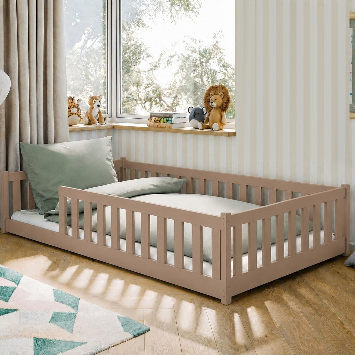 Kids Collective Kinderbett Bodenbett 120x200 cm Bett mit Rausfallschutz & Lattenrost Montessori Bett Bed Gitterbett Kinder Jugendbett Einzelbett | Natur Kiefer Holz massiv Junge Mädchen – 120x200 cm ohne Matratze, Weiß