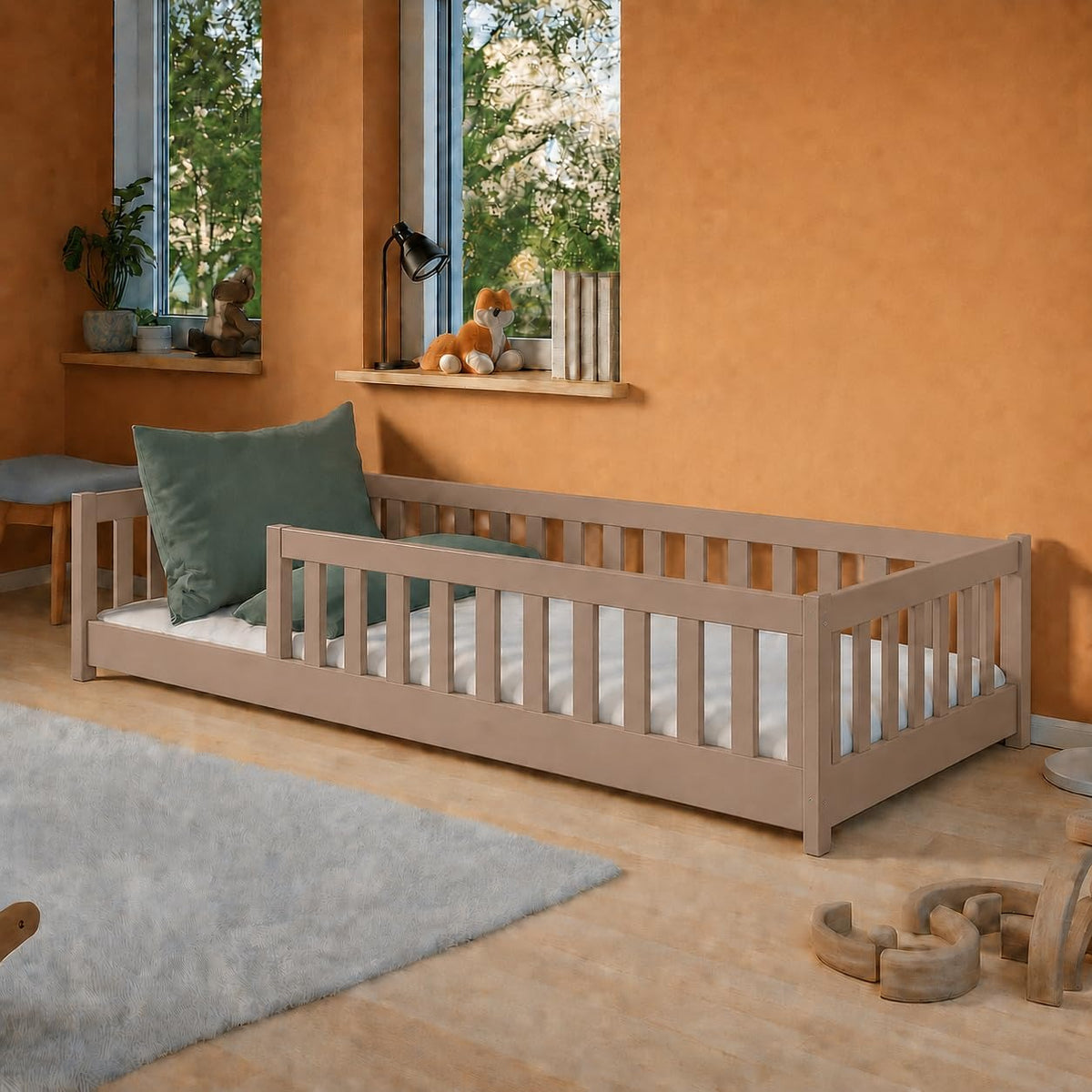 Kids Collective Kinderbett Bodenbett 120x200 cm Bett mit Rausfallschutz & Lattenrost Montessori Bett Bed Gitterbett Kinder Jugendbett Einzelbett | Natur Kiefer Holz massiv Junge Mädchen – 90x190 cm ohne Matratze, Natur