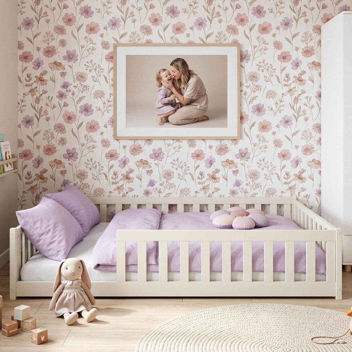 Kids Collective Kinderbett Bodenbett 120x200 cm Bett mit Rausfallschutz & Lattenrost Montessori Bett Bed Gitterbett Kinder Jugendbett Einzelbett | Natur Kiefer Holz massiv Junge Mädchen – 80x180 cm ohne Matratze, Zimt