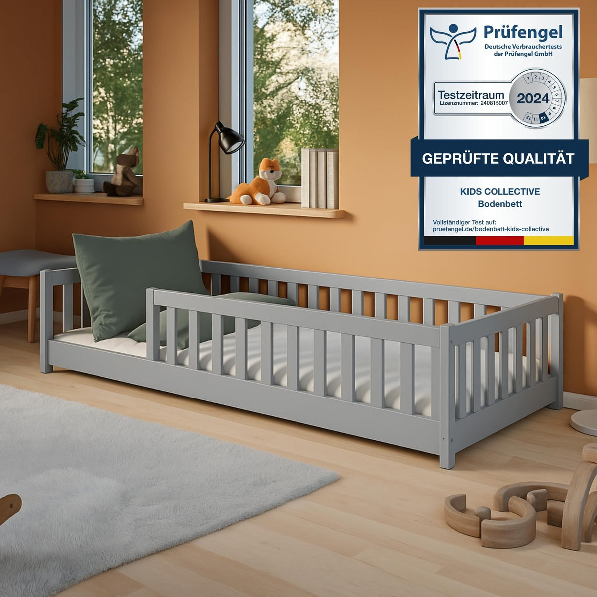 Kids Collective Kinderbett Bodenbett 120x200 cm Bett mit Rausfallschutz & Lattenrost Montessori Bett Bed Gitterbett Kinder Jugendbett Einzelbett | Natur Kiefer Holz massiv Junge Mädchen – 90x200 cm ohne Matratze, Weiß