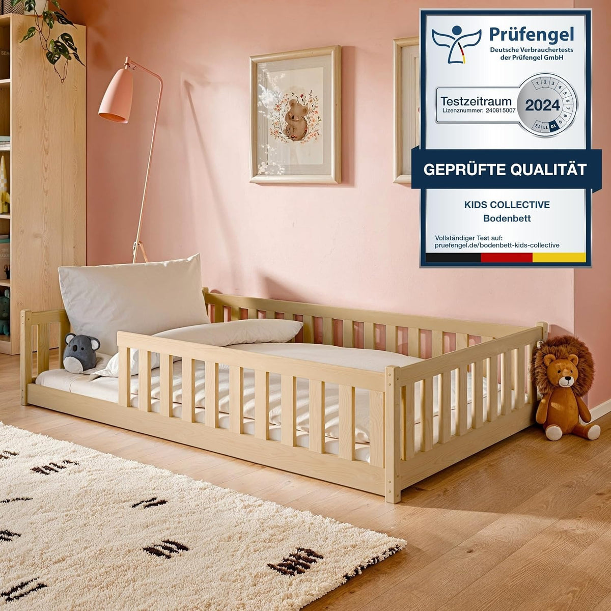 Kids Collective Kinderbett Bodenbett 120x200 cm Bett mit Rausfallschutz & Lattenrost Montessori Bett Bed Gitterbett Kinder Jugendbett Einzelbett | Natur Kiefer Holz massiv Junge Mädchen – 120x200 cm ohne Matratze, Natur