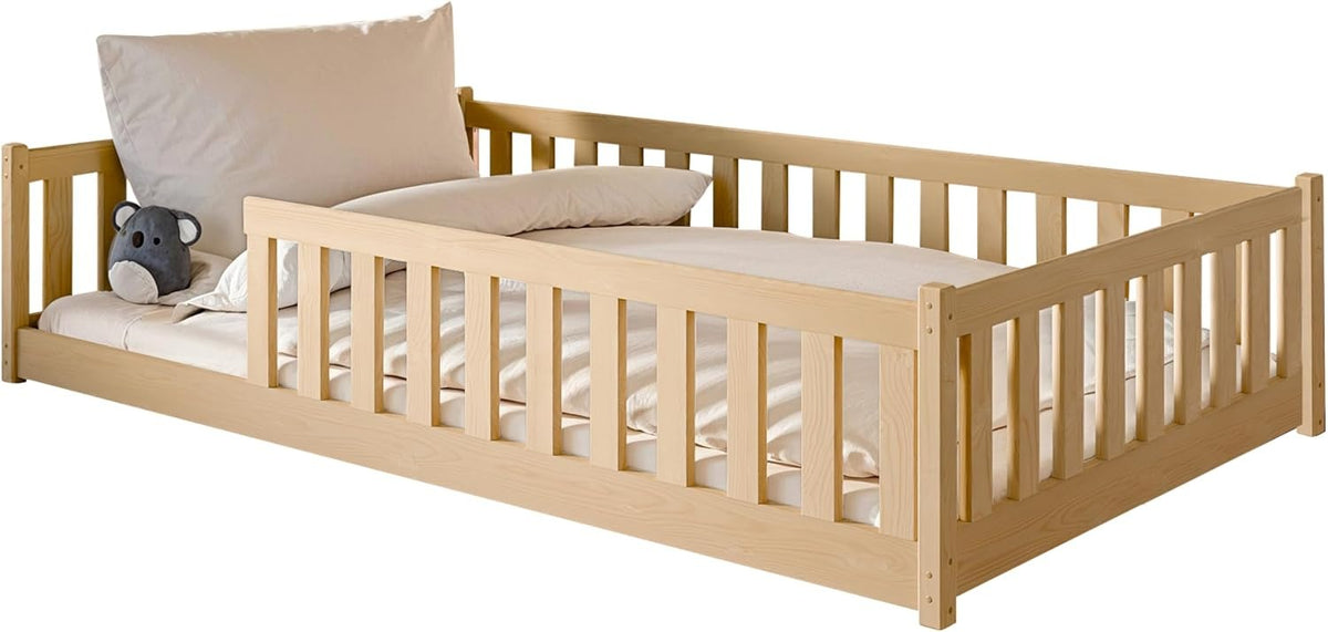 Kids Collective Kinderbett Bodenbett 120x200 cm Bett mit Rausfallschutz & Lattenrost Montessori Bett Bed Gitterbett Kinder Jugendbett Einzelbett | Natur Kiefer Holz massiv Junge Mädchen – 80x160 cm ohne Matratze, Baumwolle