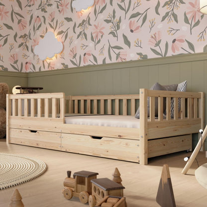 Crazy Pine Montessori Bodenbett Kinderbett aus Massivholz mit Schublade & Rausfallschutz – Skandinavisches Kinderbett – 200 x 140 cm, Weiß mit Schubladen