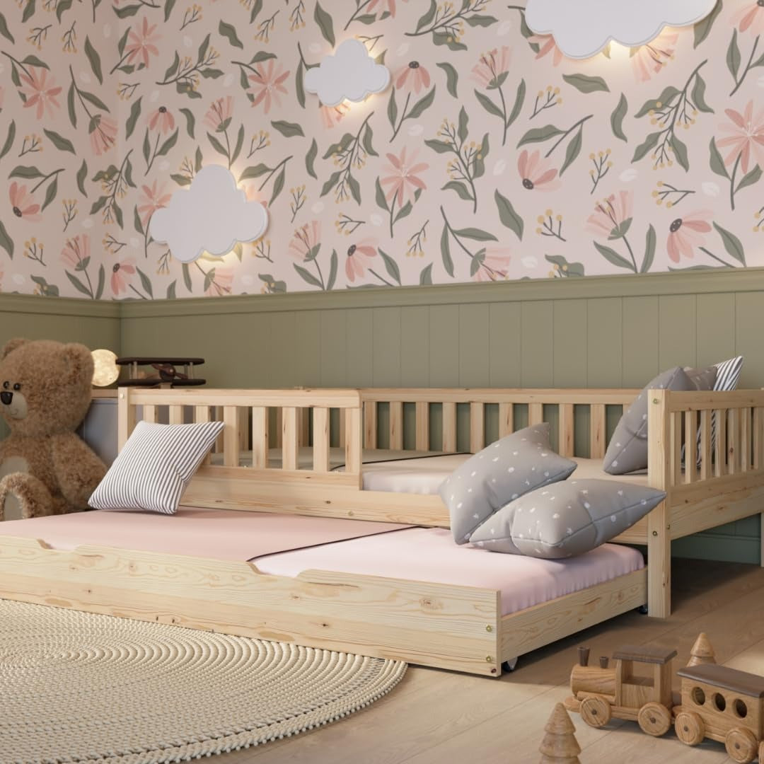 Crazy Pine Montessori Bodenbett Kinderbett aus Massivholz mit Schublade & Rausfallschutz – Skandinavisches Kinderbett – 190 x 100 cm, Naturholz mit Ausziehbett