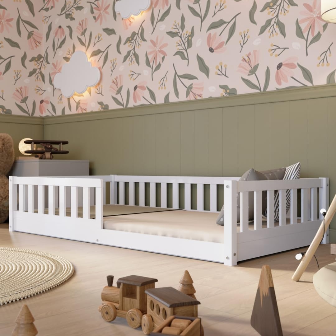 Crazy Pine Montessori Bodenbett Kinderbett aus Massivholz mit Schublade & Rausfallschutz – Skandinavisches Kinderbett – 160 x 80 cm, Weiß mit Schubladen