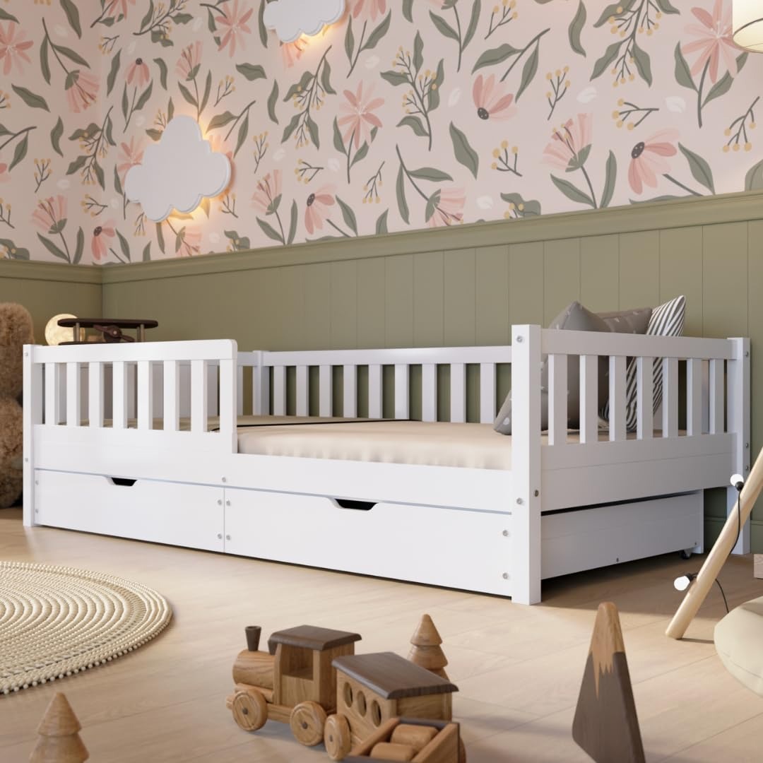 Crazy Pine Montessori Bodenbett Kinderbett aus Massivholz mit Schublade & Rausfallschutz – Skandinavisches Kinderbett – 190 x 90 cm, Natural Holz mit Schubladen