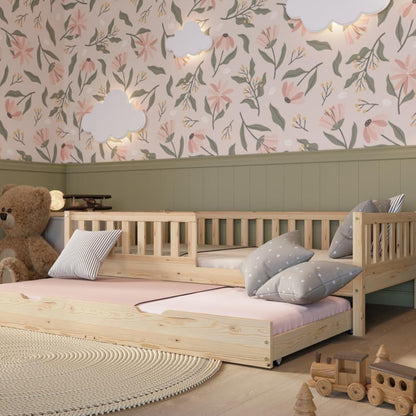 Crazy Pine Montessori Bodenbett Kinderbett aus Massivholz mit Schublade & Rausfallschutz – Skandinavisches Kinderbett – 200 x 120 cm, Natural Holz - Niedrig