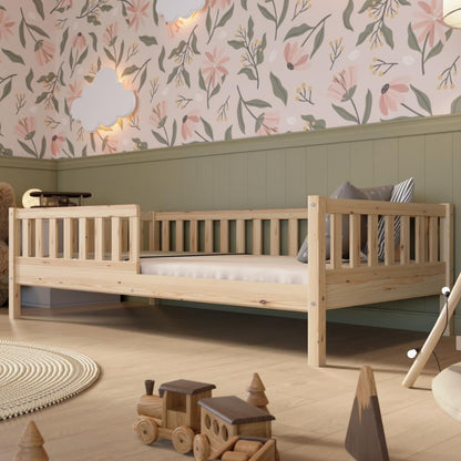 Crazy Pine Montessori Bodenbett Kinderbett aus Massivholz mit Schublade & Rausfallschutz – Skandinavisches Kinderbett – 190 x 100 cm, Natural Holz - Niedrig