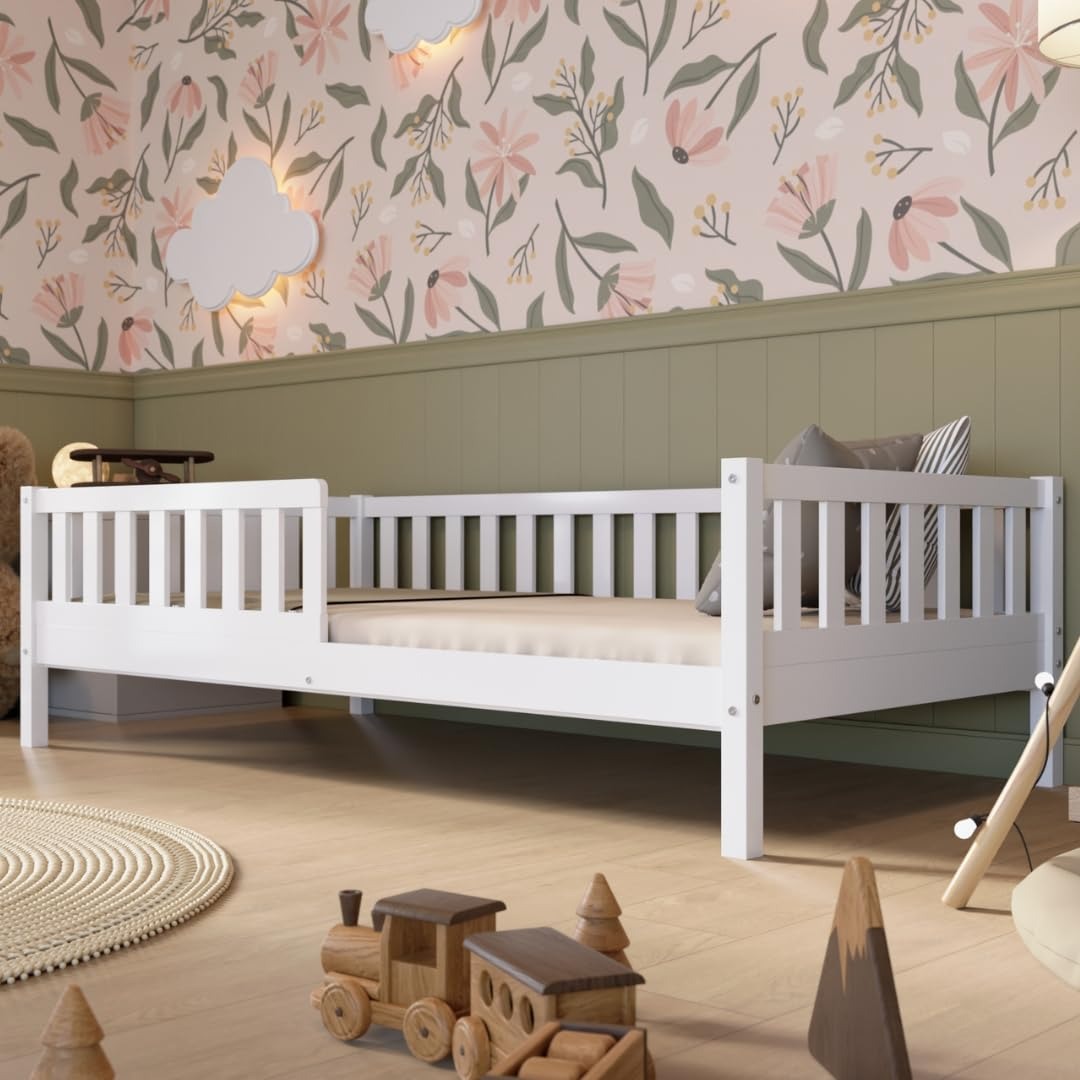 Crazy Pine Montessori Bodenbett Kinderbett aus Massivholz mit Schublade & Rausfallschutz – Skandinavisches Kinderbett – 200 x 90 cm, Natural Holz - Niedrig