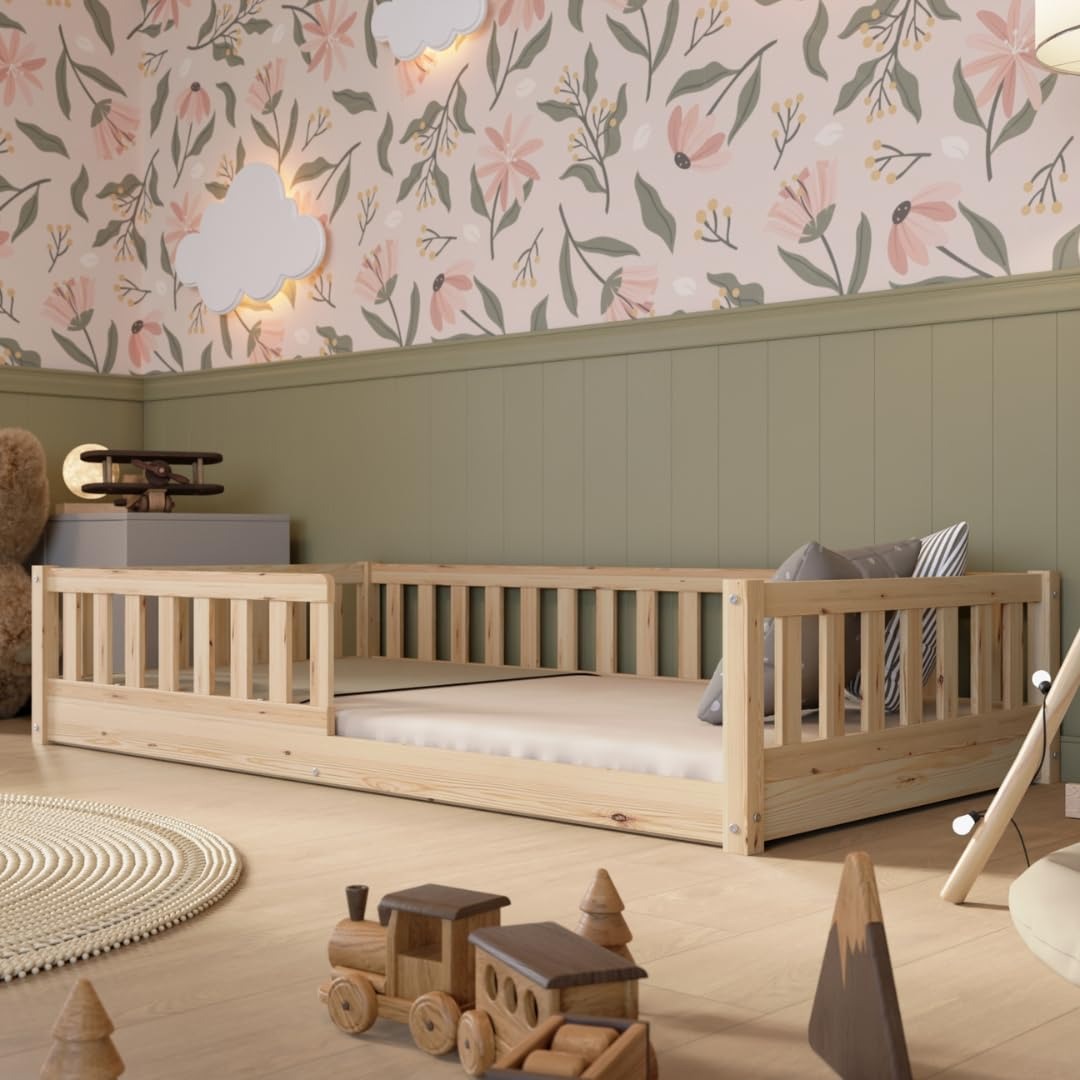 Crazy Pine Montessori Bodenbett Kinderbett aus Massivholz mit Schublade & Rausfallschutz – Skandinavisches Kinderbett – 160 x 80 cm, Natural Holz - Hoch