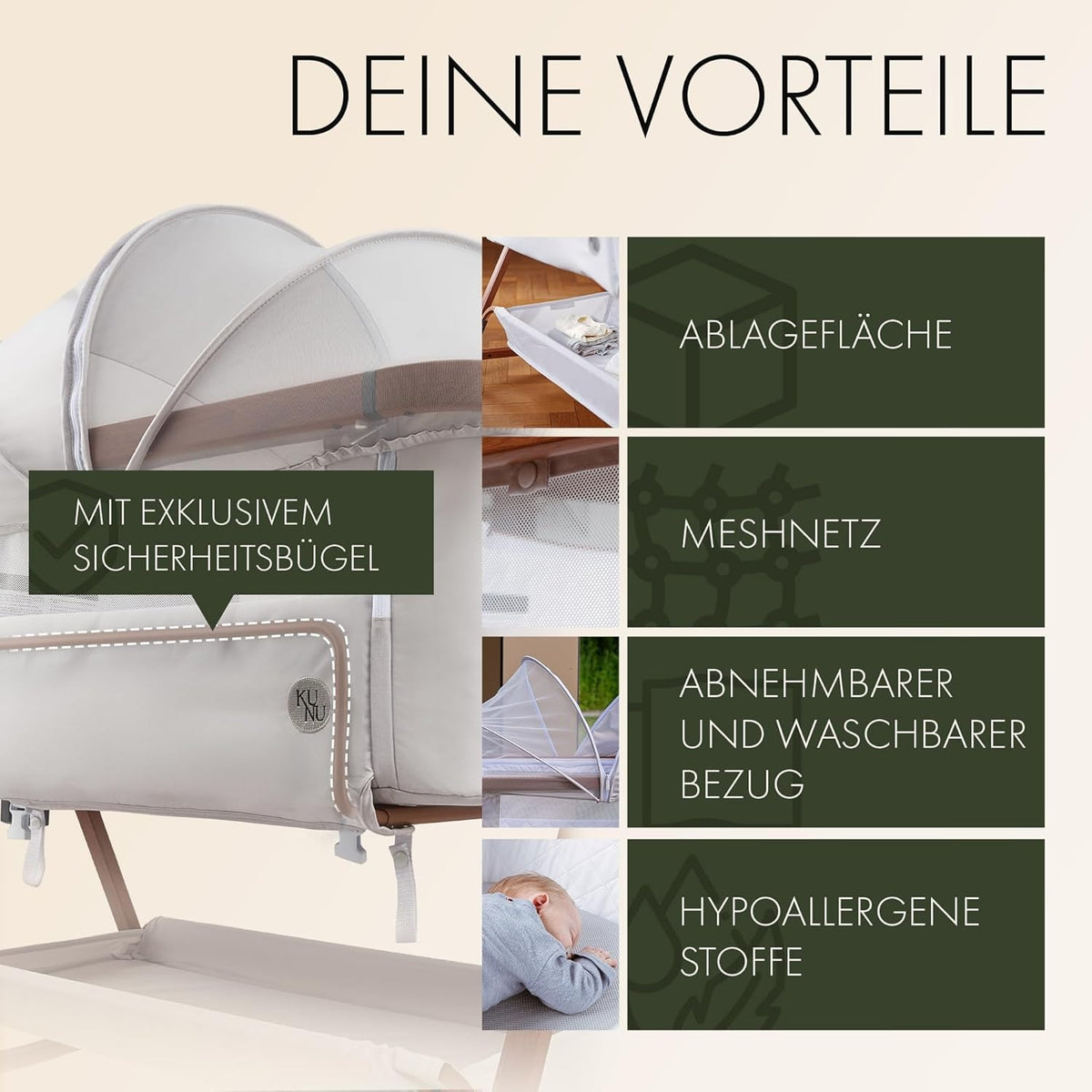 KUNU Baby Beistellbett 3in1 Beige – Höhenverstellbares Babybett mit Rollen, Matratze, Wiegefunktion & Moskitonetz