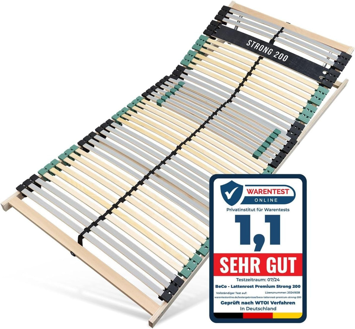 Lattenrost 140x200 Premium Strong bis 200Kg, Kopfteil verstellbar, 7-Zonen-Lattenrost mit 42 Latten, Hergestellt in Deutschland, extra stabil aus Buchenholz – 100 x 200 cm, Starr | 28 Leisten | Unmontiert