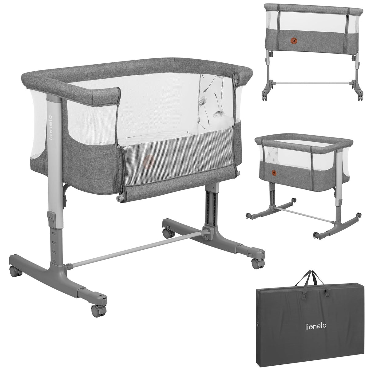 Lionelo Aurora 3 in 1 Babybett bis 9 kg, Beistellbett, Wiege – Hellgrau, Large