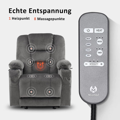 M MCombo Elektrischer Fernsehsessel Relaxsessel mit Liegefunktion, Massage & Wärme, USB-Anschluss, verstellbarer TV Sessel für Wohnzimmer