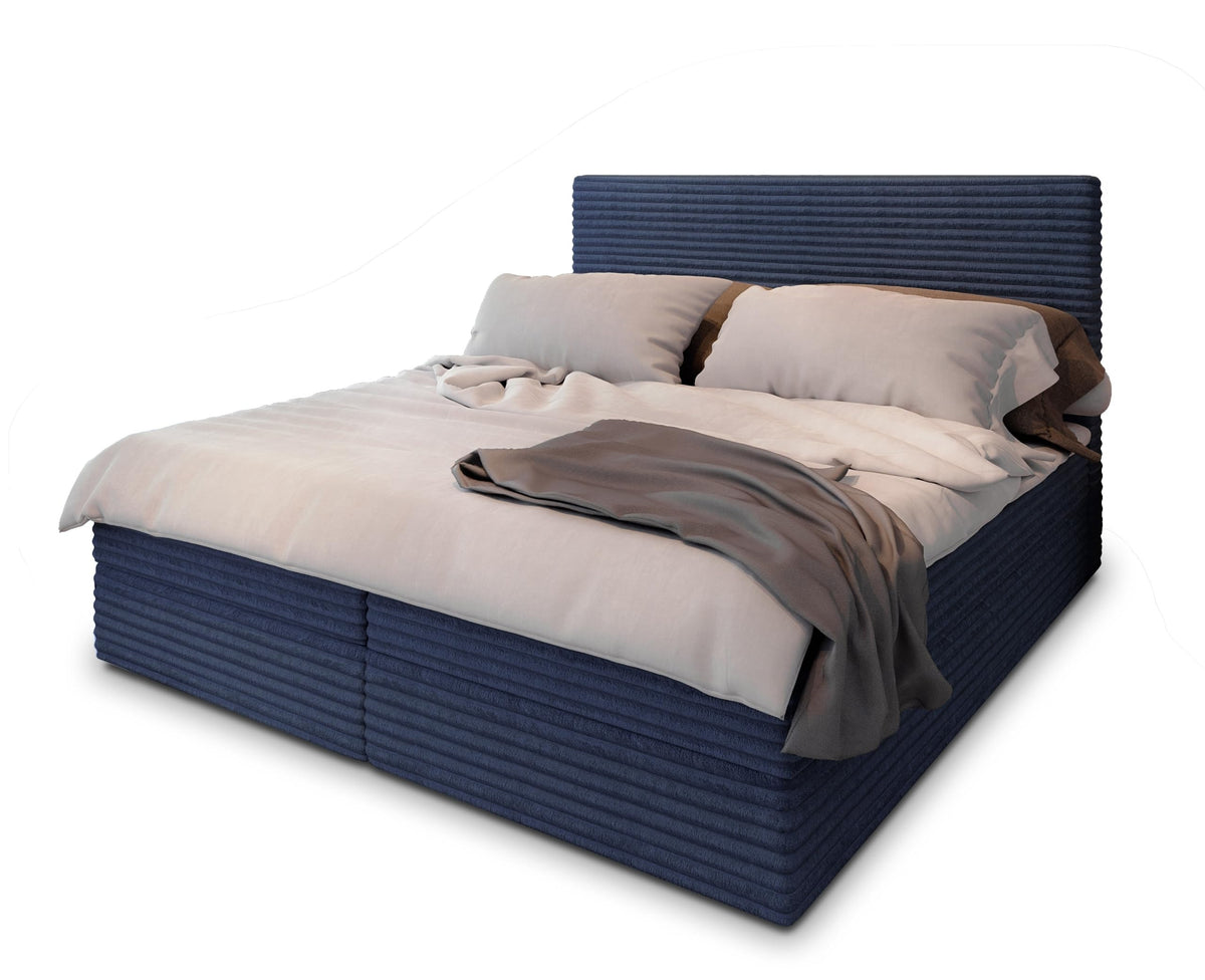 Masseno Boxspringbett PISA Creme mit Matratze & Topper, Polsterbett mit Bettkasten und gepolstertem Kopfteil – Blau, 140x200 cm