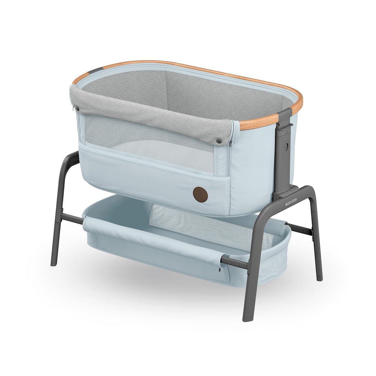 Maxi Cosi Iora² Baby Stubenbett, 0–6 kg (9 kg), Klappbares und Leichtes Beistellbett Baby, 5 cm CloudCore-Matratze, 5 Höhenstufen, 2 Leichtgängige Rollen, Easy Slide, Elegance Beige – Essential Grey
