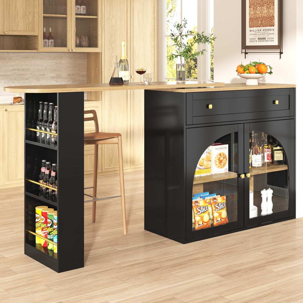 Merax Ausziehbarer Bartisch mit Stauraum, 360° drehbarer Beweglicher Bartisch Küchentheke Kücheninsel Kaffeeecke, mit Offene Ablagefächer, Glasschiebetür, Weiß/120-180 x 45 x 103 cm – K/Weiß