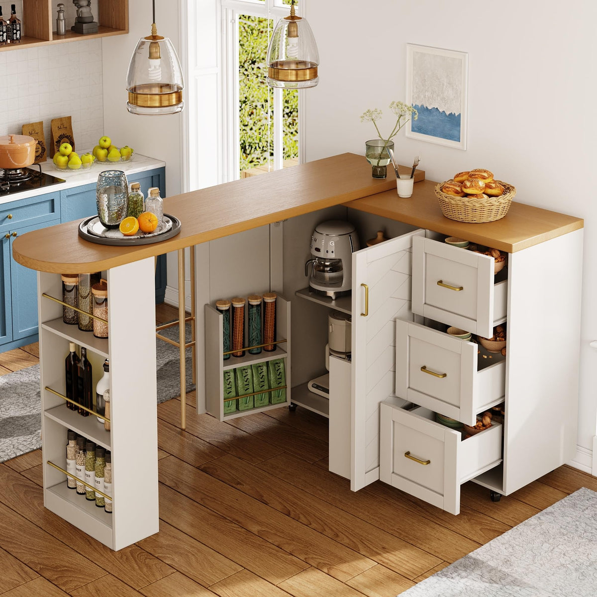 Merax Ausziehbarer Bartisch mit Stauraum, 360° drehbarer Beweglicher Bartisch Küchentheke Kücheninsel Kaffeeecke, mit Offene Ablagefächer, Glasschiebetür, Weiß/120-180 x 45 x 103 cm – U-weiß
