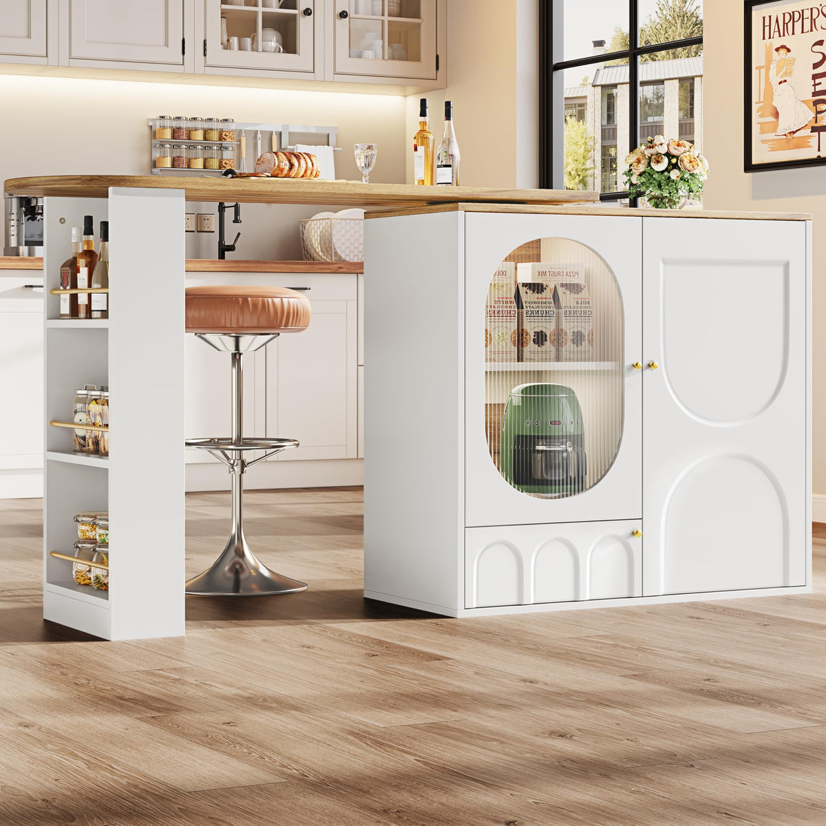 Merax Ausziehbarer Bartisch mit Stauraum, 360° drehbarer Beweglicher Bartisch Küchentheke Kücheninsel Kaffeeecke, mit Offene Ablagefächer, Glasschiebetür, Weiß/120-180 x 45 x 103 cm – D-schwarz