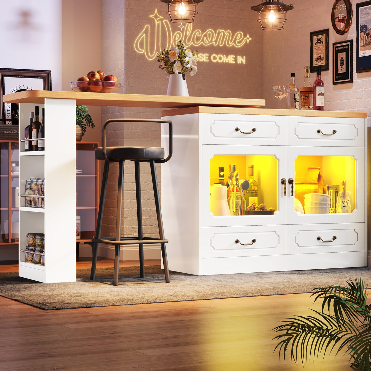 Merax Ausziehbarer Bartisch mit Stauraum, 360° drehbarer Beweglicher Bartisch Küchentheke Kücheninsel Kaffeeecke, mit Offene Ablagefächer, Glasschiebetür, Weiß/120-180 x 45 x 103 cm – J/Weiß