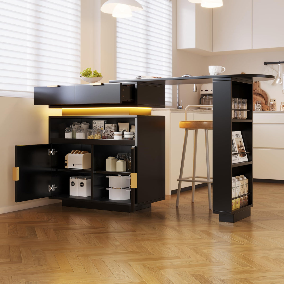 Merax Ausziehbarer Bartisch mit Stauraum, 360° drehbarer Beweglicher Bartisch Küchentheke Kücheninsel Kaffeeecke, mit Offene Ablagefächer, Glasschiebetür, Weiß/120-180 x 45 x 103 cm – T-weiß