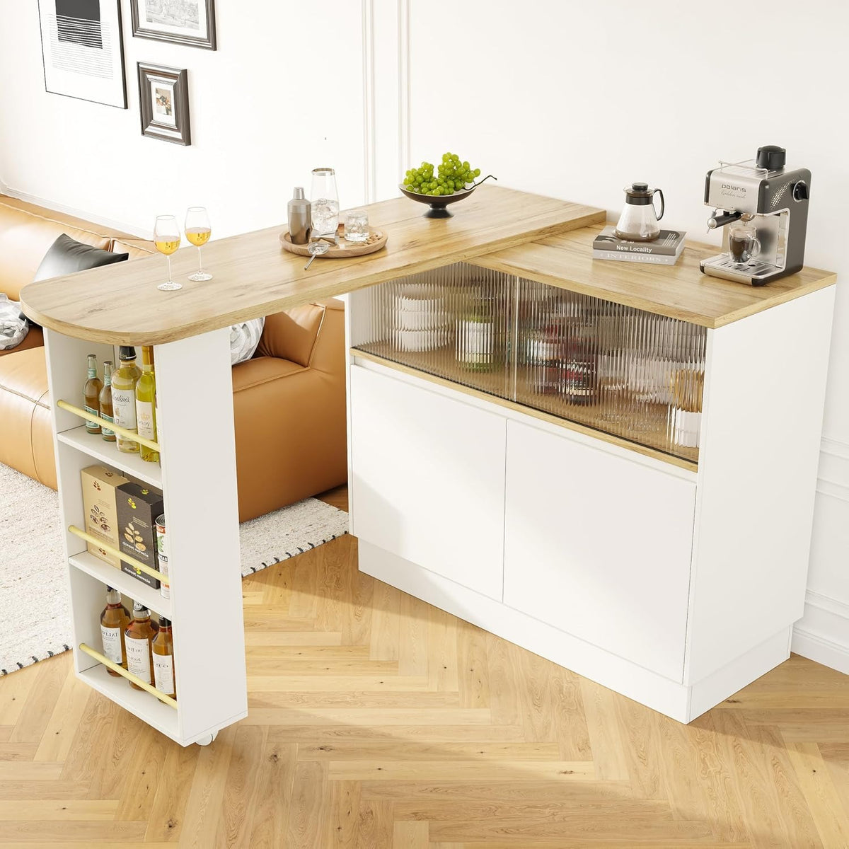 Merax Ausziehbarer Bartisch mit Stauraum, 360° drehbarer Beweglicher Bartisch Küchentheke Kücheninsel Kaffeeecke, mit Offene Ablagefächer, Glasschiebetür, Weiß/120-180 x 45 x 103 cm – A-schwarz