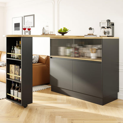 Merax Ausziehbarer Bartisch mit Stauraum, 360° drehbarer Beweglicher Bartisch Küchentheke Kücheninsel Kaffeeecke, mit Offene Ablagefächer, Glasschiebetür, Weiß/120-180 x 45 x 103 cm – I/Schwarz