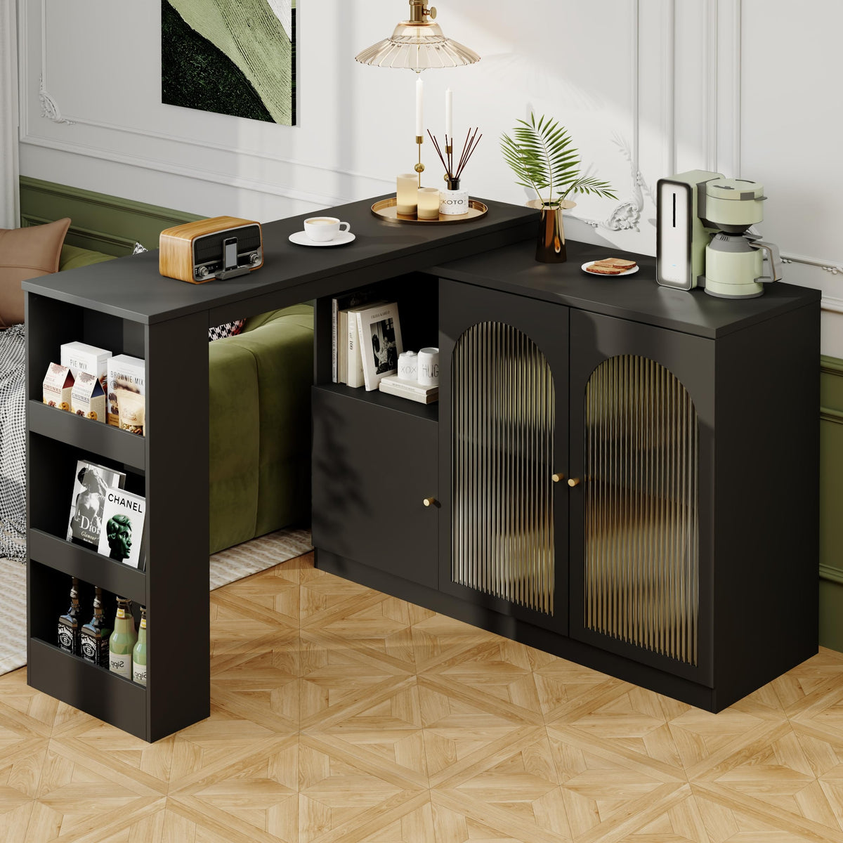 Merax Ausziehbarer Bartisch mit Stauraum, 360° drehbarer Beweglicher Bartisch Küchentheke Kücheninsel Kaffeeecke, mit Offene Ablagefächer, Glasschiebetür, Weiß/120-180 x 45 x 103 cm – T-schwarz