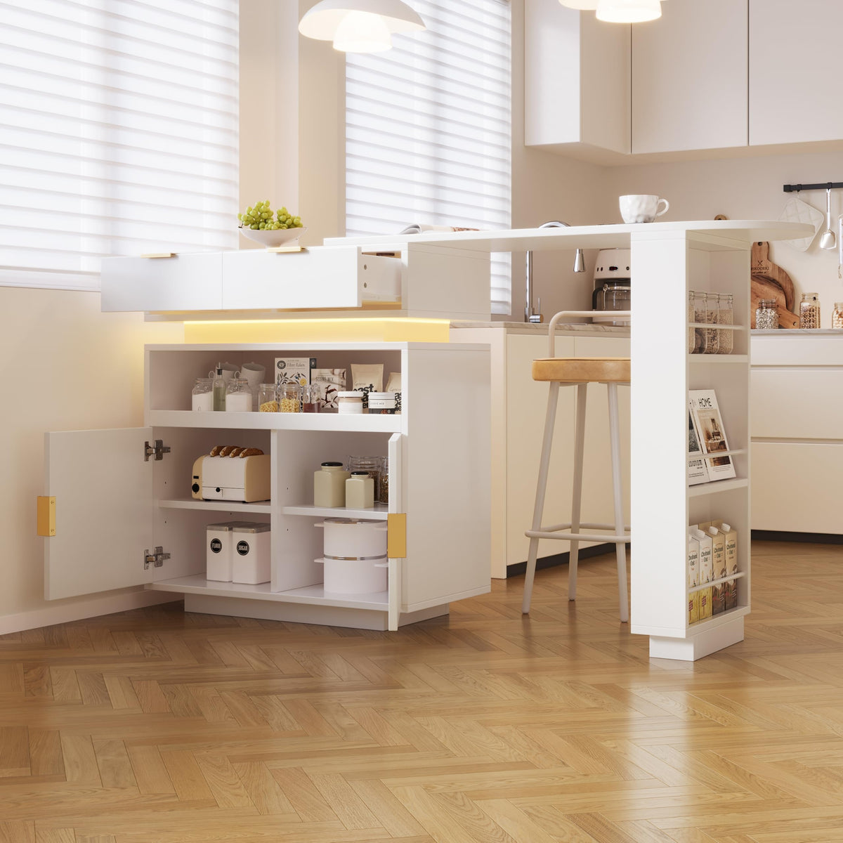Merax Ausziehbarer Bartisch mit Stauraum, 360° drehbarer Beweglicher Bartisch Küchentheke Kücheninsel Kaffeeecke, mit Offene Ablagefächer, Glasschiebetür, Weiß/120-180 x 45 x 103 cm – G-schwarz