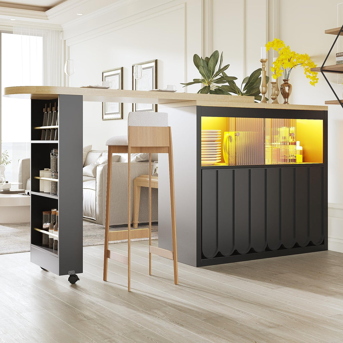 Merax Ausziehbarer Bartisch mit Stauraum, 360° drehbarer Beweglicher Bartisch Küchentheke Kücheninsel Kaffeeecke, mit Offene Ablagefächer, Glasschiebetür, Weiß/120-180 x 45 x 103 cm
