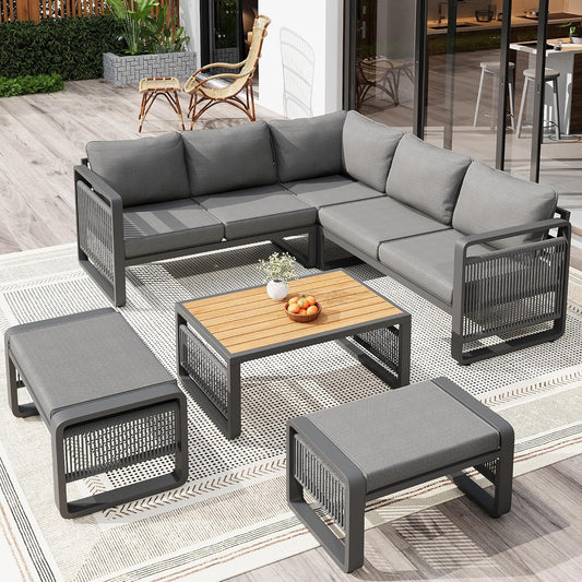 Merax Gartenmöbel Lounge Set Grau für 6–7 Personen, Gartensofa mit Liegefunktion, Ecklounge mit Sitzkissen für Terrasse & Balkon – D, Grau