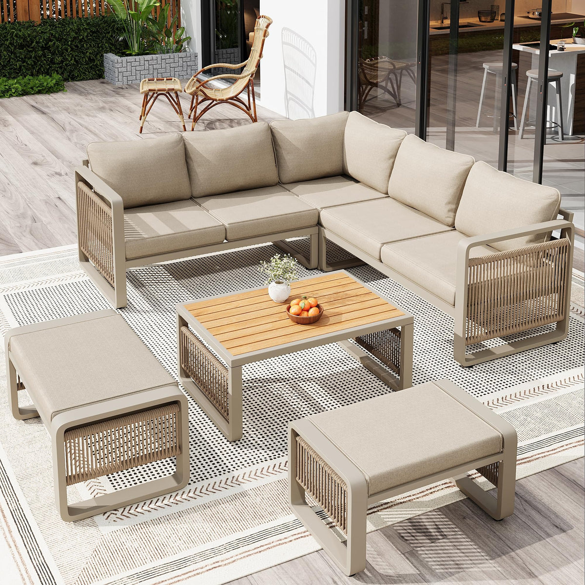 Merax Gartenmöbel Lounge Set Grau für 6–7 Personen, Gartensofa mit Liegefunktion, Ecklounge mit Sitzkissen für Terrasse & Balkon