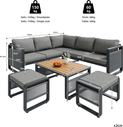 Merax Gartenmöbel Lounge Set Grau für 6–7 Personen, Gartensofa mit Liegefunktion, Ecklounge mit Sitzkissen für Terrasse & Balkon