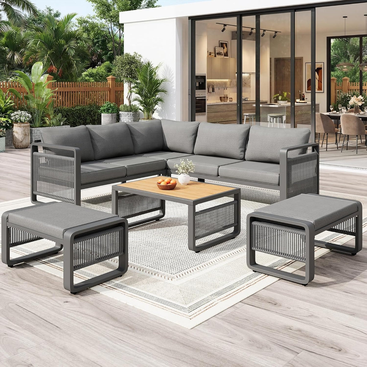 Merax Gartenmöbel Lounge Set Grau für 6–7 Personen, Gartensofa mit Liegefunktion, Ecklounge mit Sitzkissen für Terrasse & Balkon